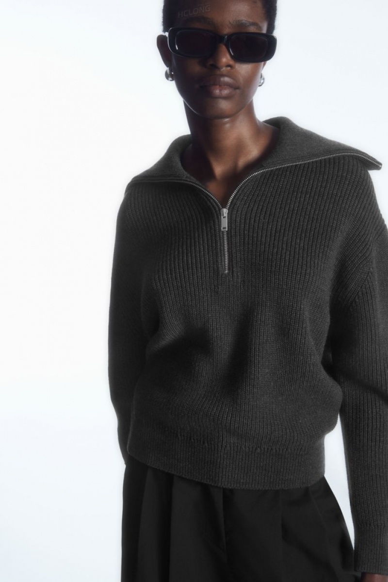 Black COS Wool And Cotton Half-Zip Sweater | KJ27-Y0BI