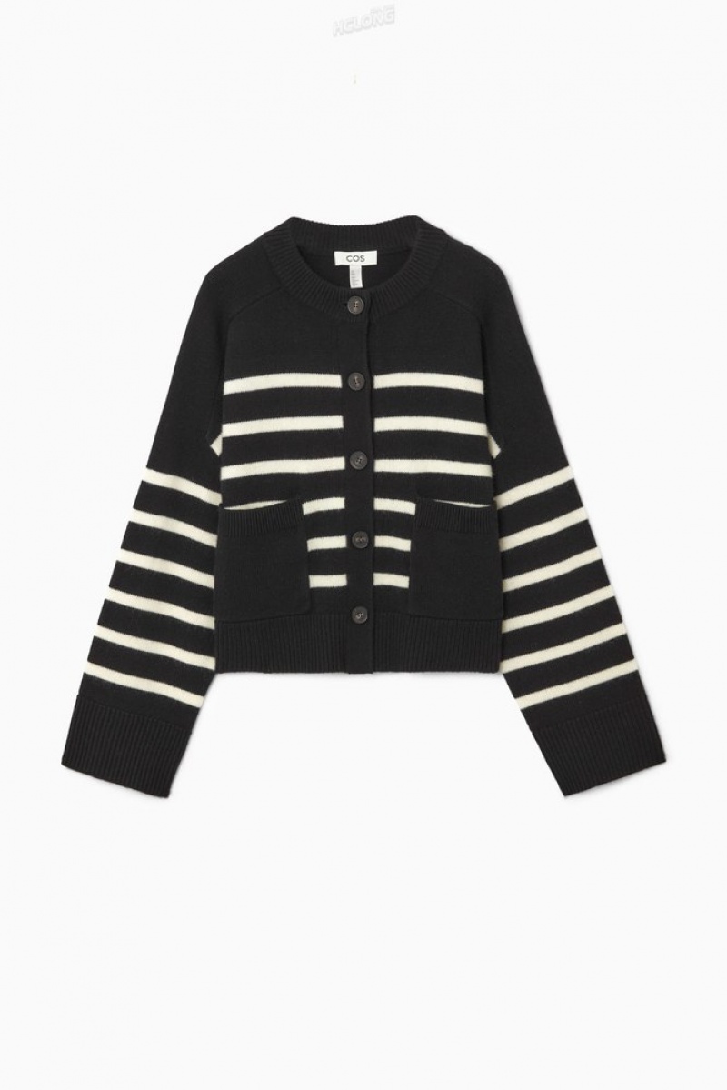 Black COS Wool Crew-Neck Cardigan | SL45-Z2IC