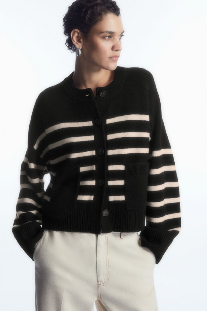 Black COS Wool Crew-Neck Cardigan | SL45-Z2IC