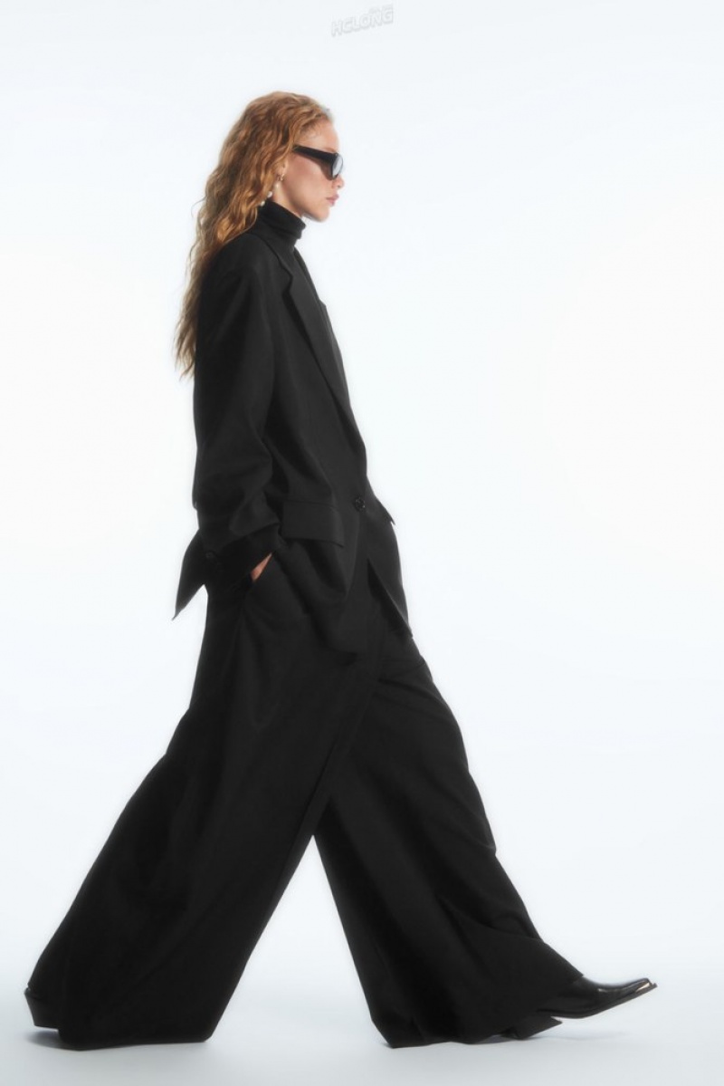 Black COS Wrap-Front Wide-Leg Wool Pants | BX13-S7CF