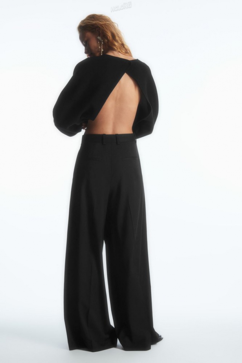 Black COS Wrap-Front Wide-Leg Wool Pants | BX13-S7CF