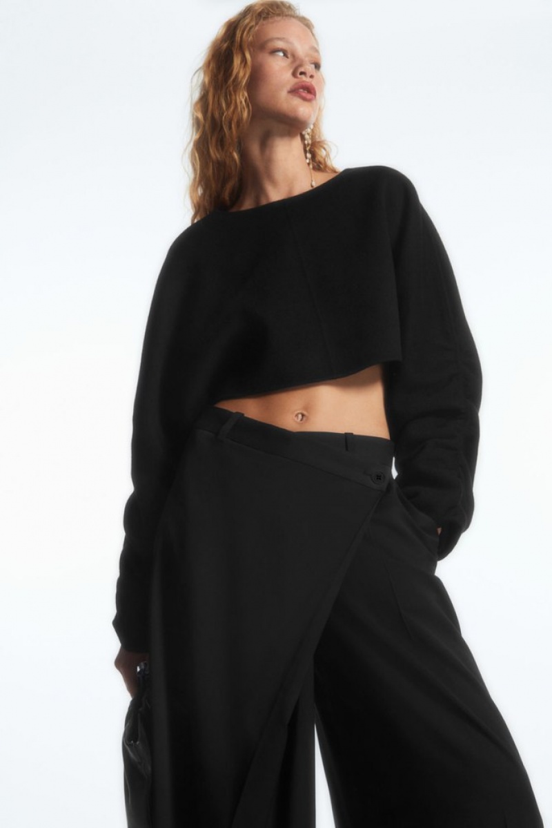 Black COS Wrap-Front Wide-Leg Wool Pants | BX13-S7CF