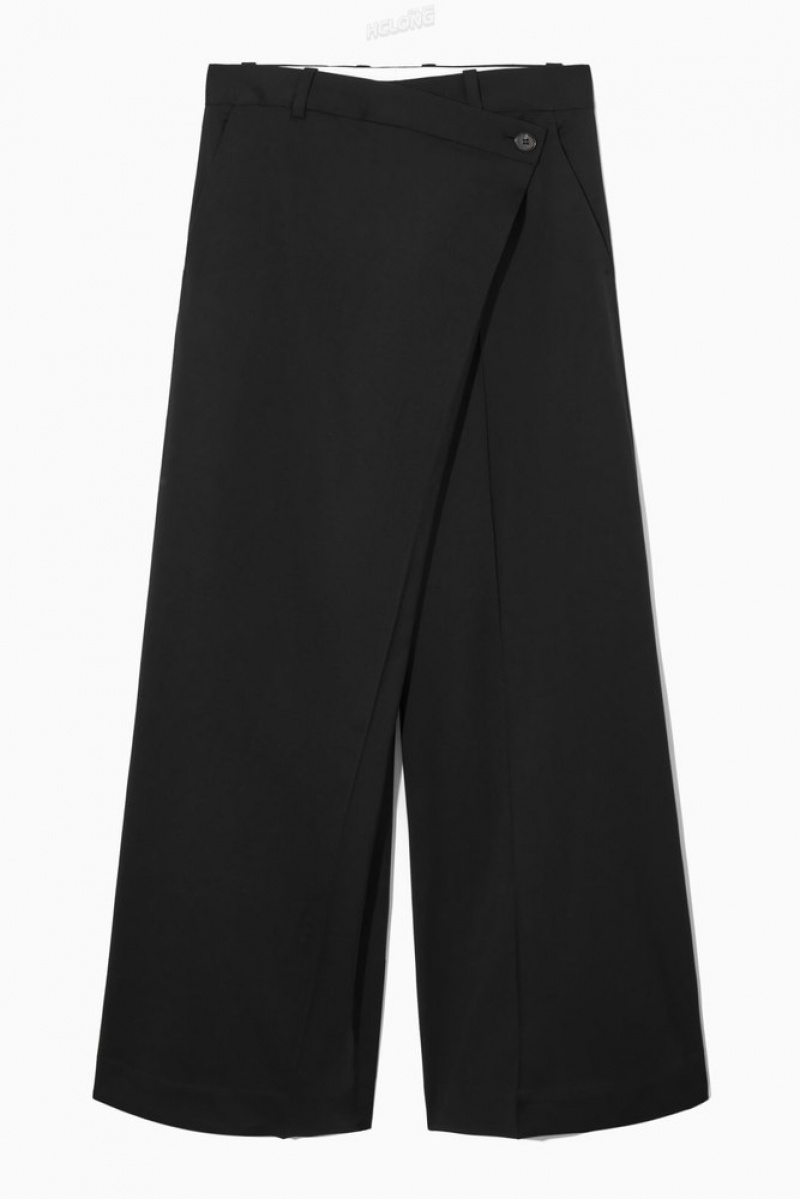 Black COS Wrap-Front Wide-Leg Wool Pants | BX13-S7CF