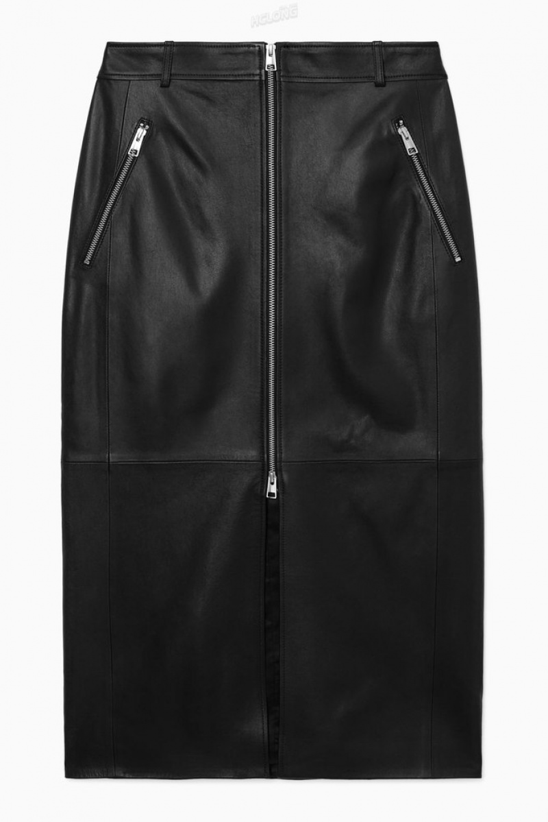 Black COS Zip-Up Leather Midi Skirt | KP17-J5YC