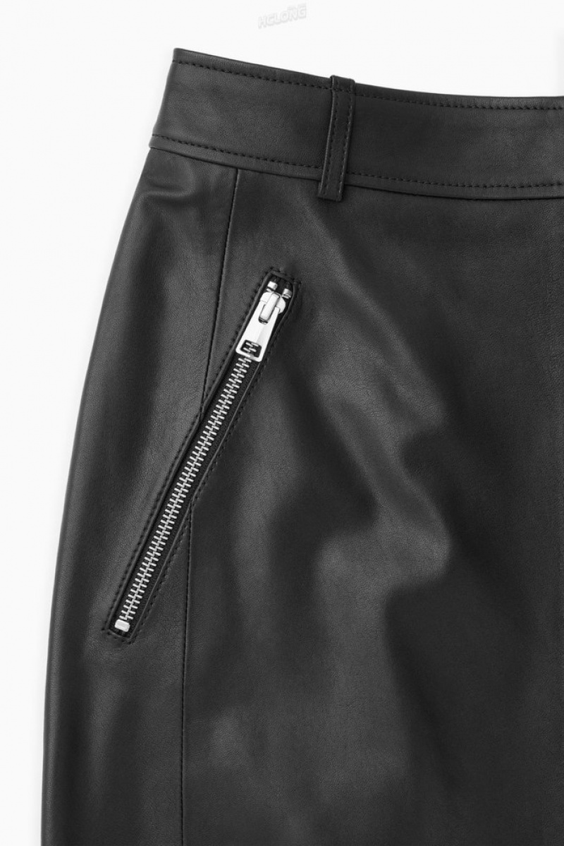 Black COS Zip-Up Leather Midi Skirt | KP17-J5YC