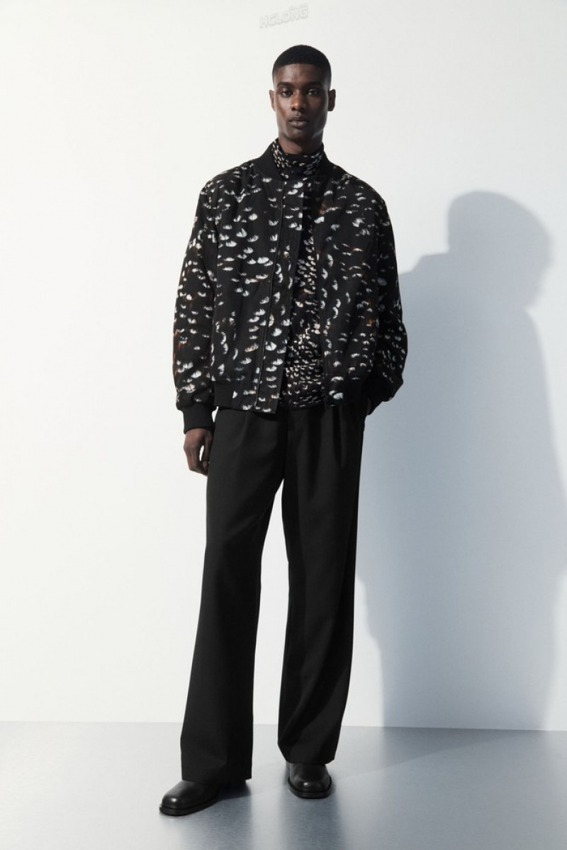 Black / Feather Print COS The Feather-Print Bomber Jacket | SP77-M3YJ