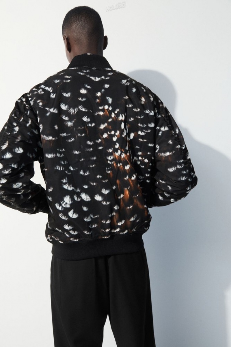 Black / Feather Print COS The Feather-Print Bomber Jacket | SP77-M3YJ