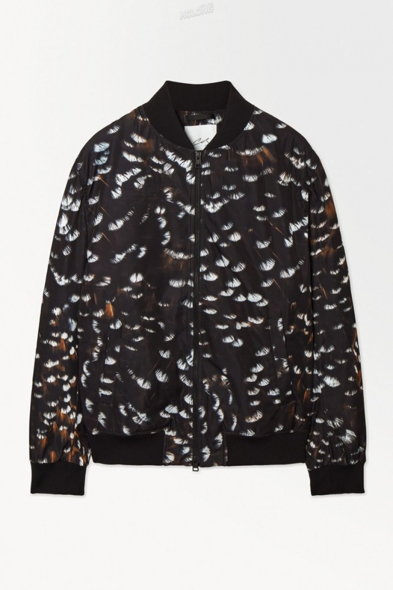 Black / Feather Print COS The Feather-Print Bomber Jacket | SP77-M3YJ