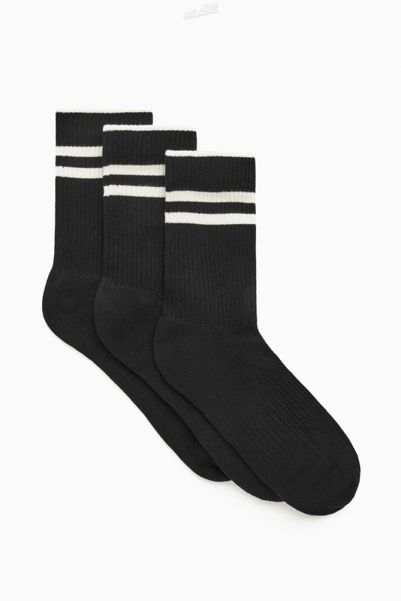 Black / Striped COS 3-Pack Ribbed Sports Socks | VZ27-B9VR