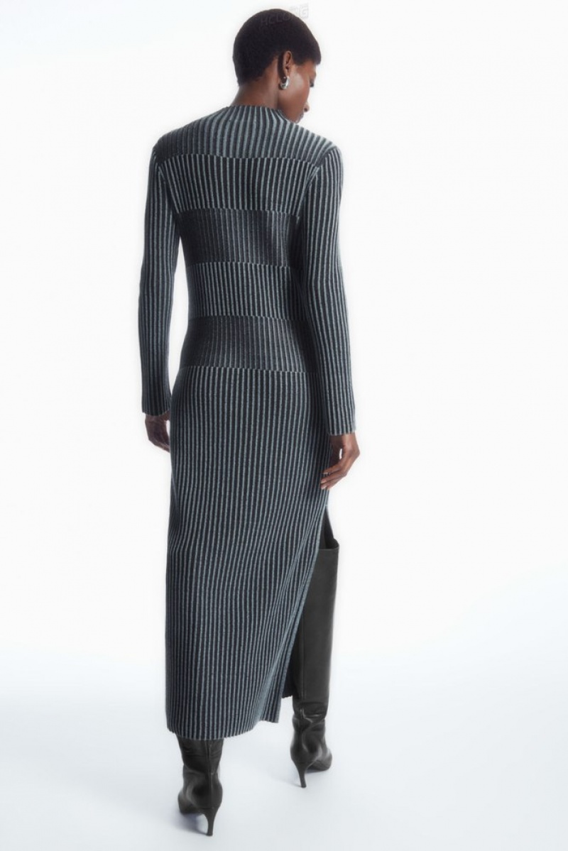 Blue COS Striped Ribbed-Knit Midi Dress | VP64-Y0FN