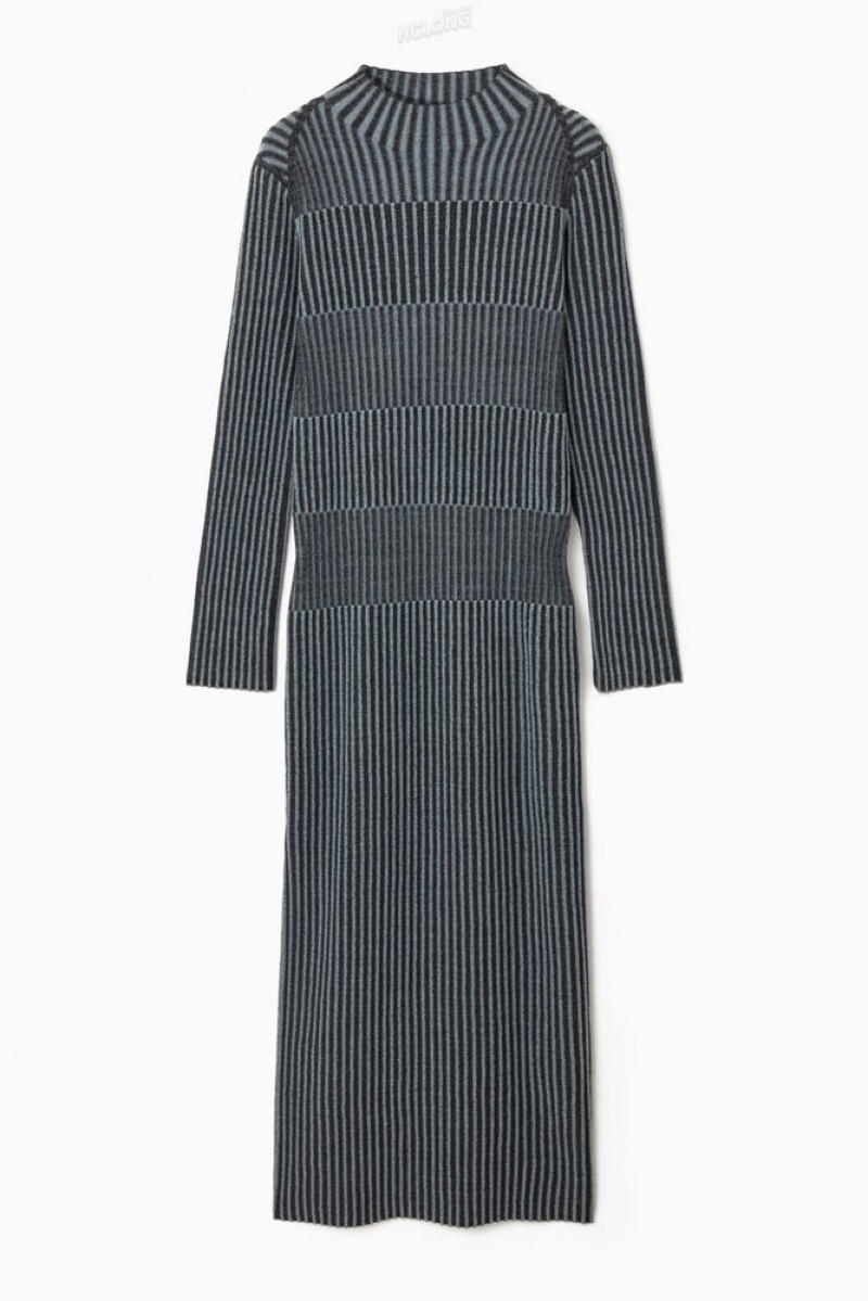 Blue COS Striped Ribbed-Knit Midi Dress | VP64-Y0FN