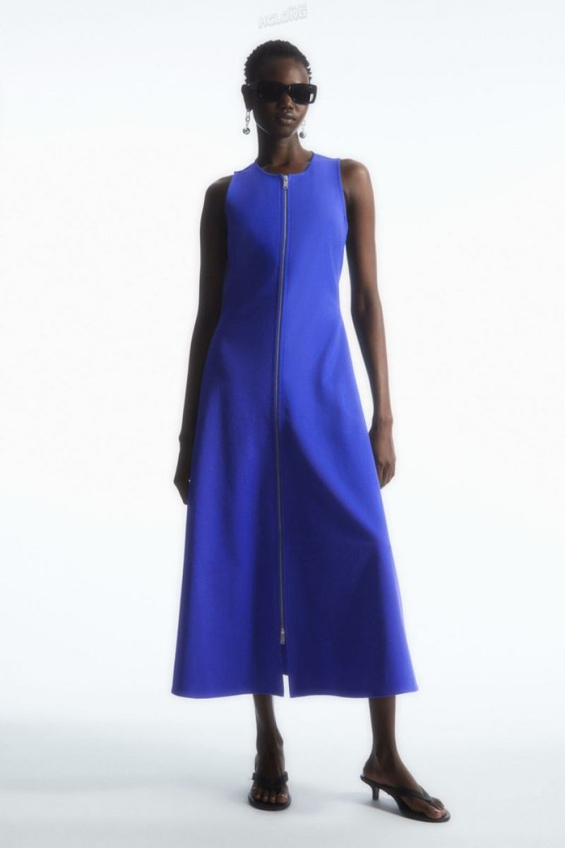 Bright Blue COS Flared Zip-Up Midi Dress | DC43-W9VE