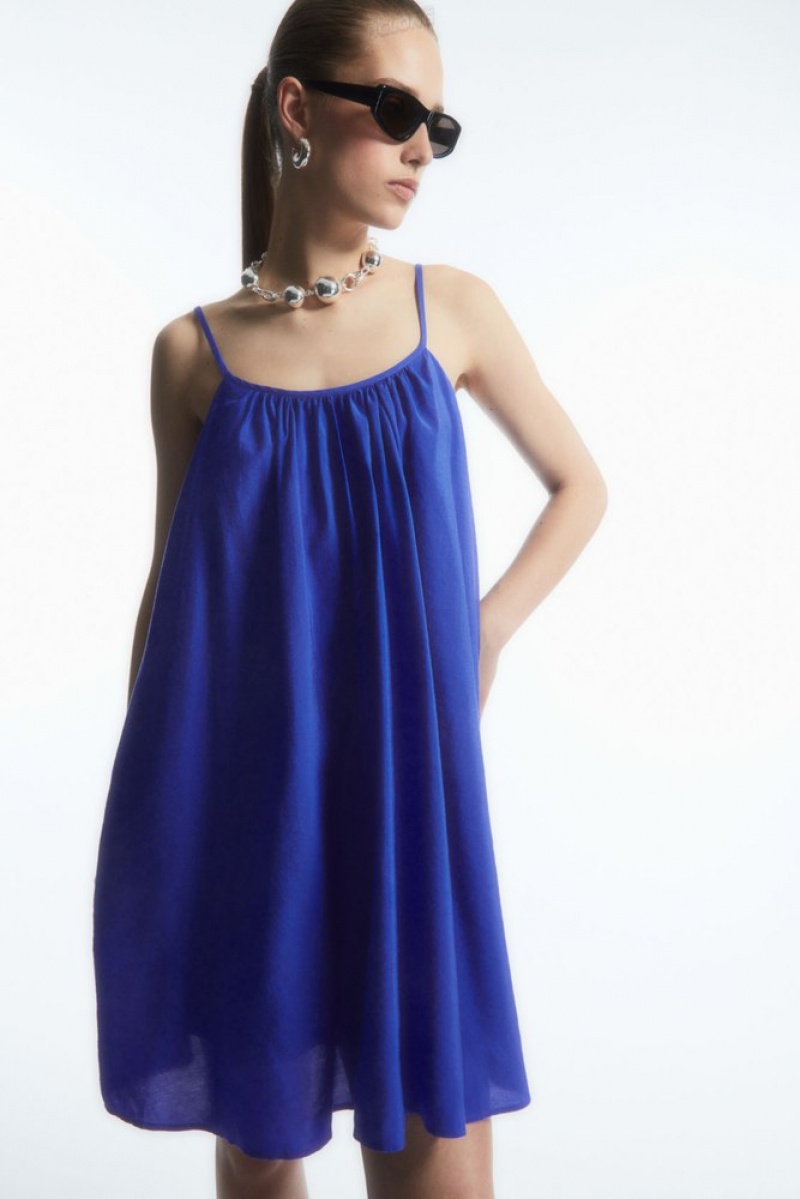 Bright Blue COS Gathered Strappy Mini Dress | QS33-Y3KA