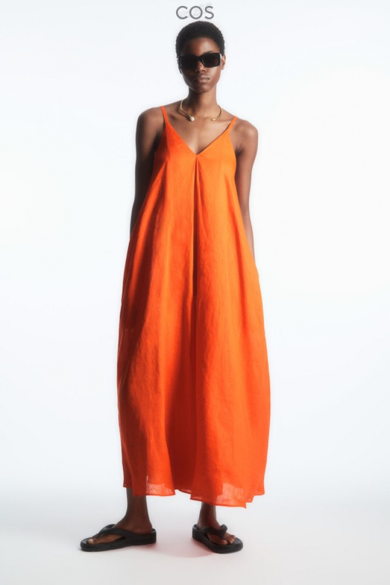 Bright Orange COS Pleated V-Neck Linen Midi Dress | VD95-F5QE