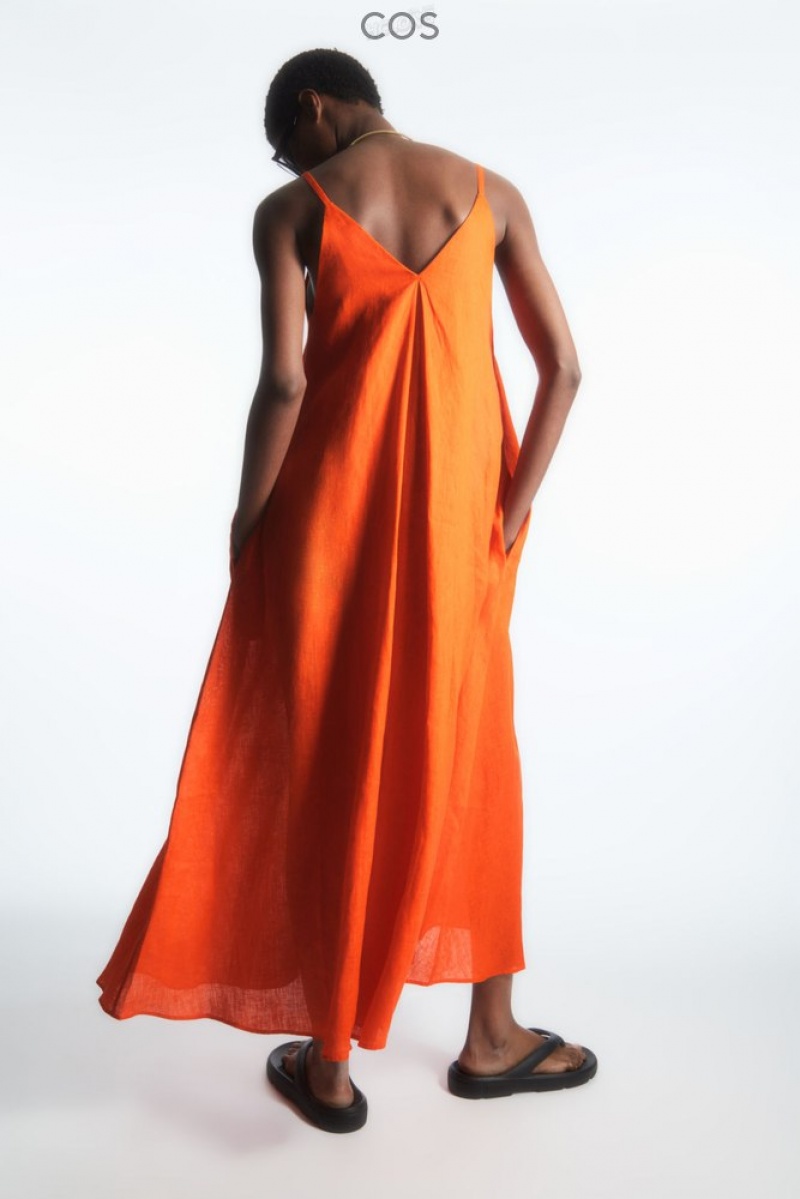 Bright Orange COS Pleated V-Neck Linen Midi Dress | VD95-F5QE