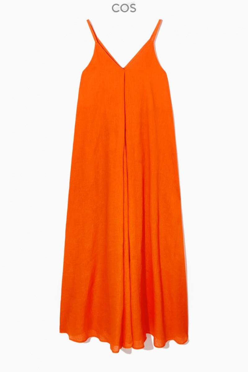 Bright Orange COS Pleated V-Neck Linen Midi Dress | VD95-F5QE