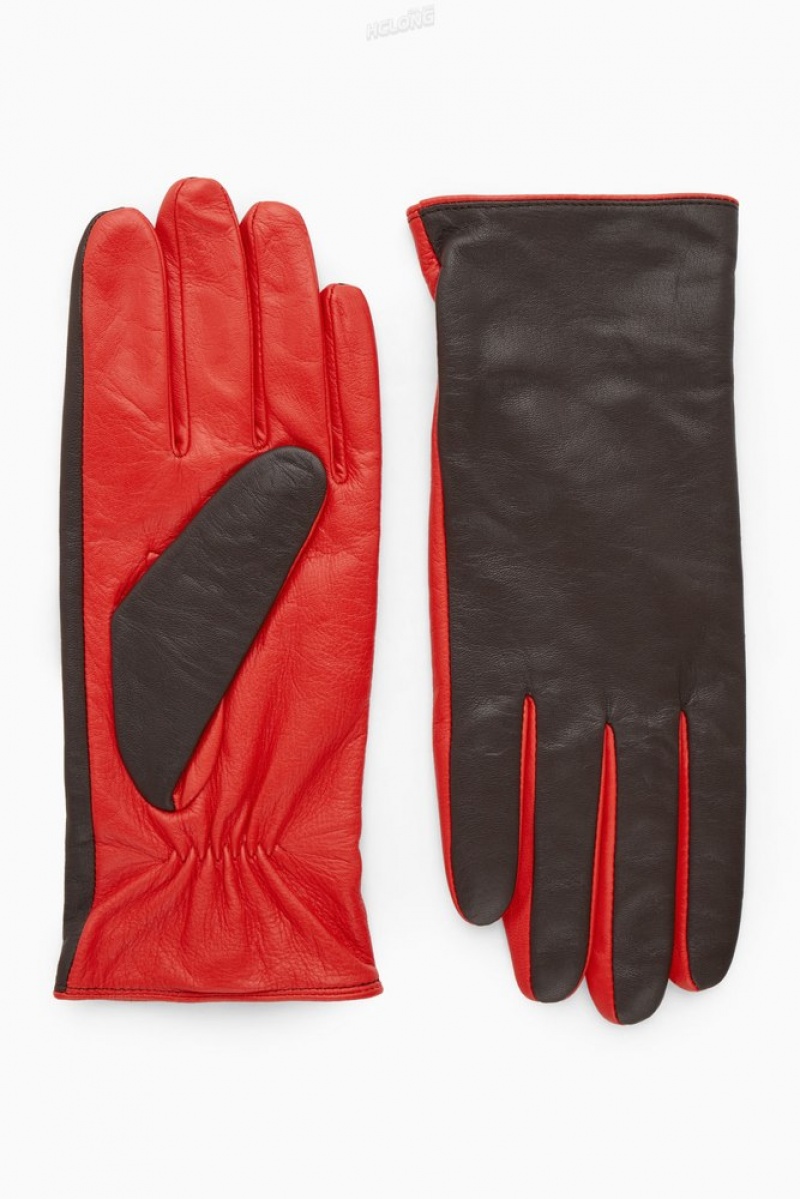 Bright Red / Dark Brown COS Cashmere-Lined Color-Block Leather Gloves | IP70-F0PD