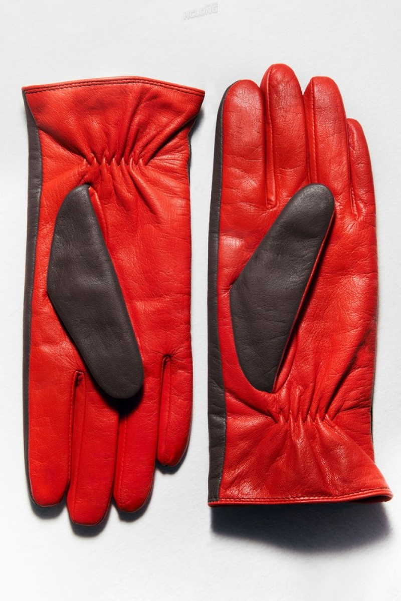 Bright Red / Dark Brown COS Cashmere-Lined Color-Block Leather Gloves | IP70-F0PD