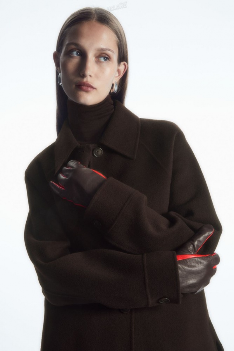 Bright Red / Dark Brown COS Cashmere-Lined Color-Block Leather Gloves | IP70-F0PD