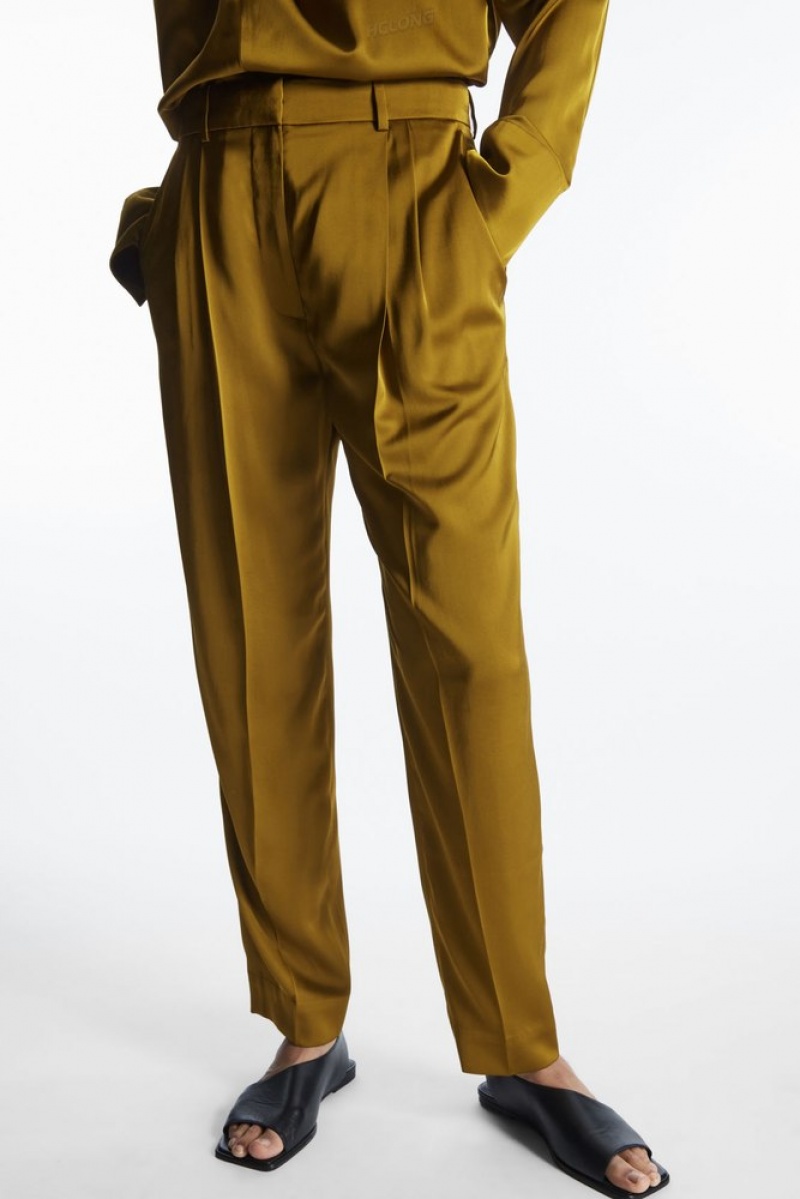 Brown COS Straight-Leg Pleated Satin Pants | XF49-E9BJ