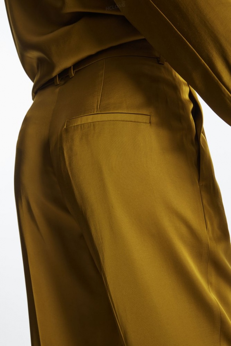 Brown COS Straight-Leg Pleated Satin Pants | XF49-E9BJ