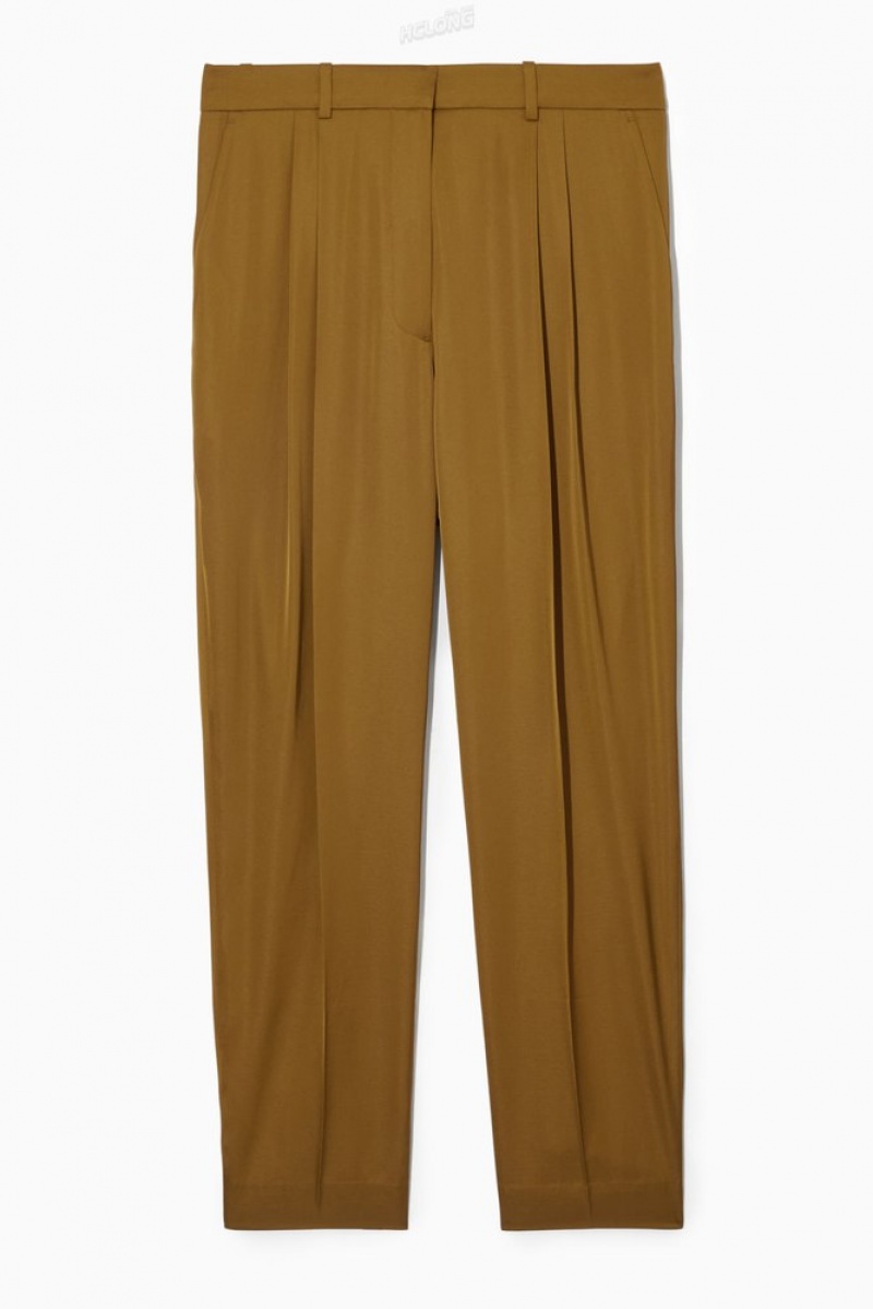 Brown COS Straight-Leg Pleated Satin Pants | XF49-E9BJ