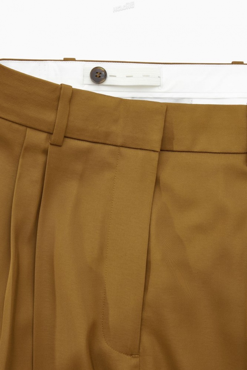 Brown COS Straight-Leg Pleated Satin Pants | XF49-E9BJ