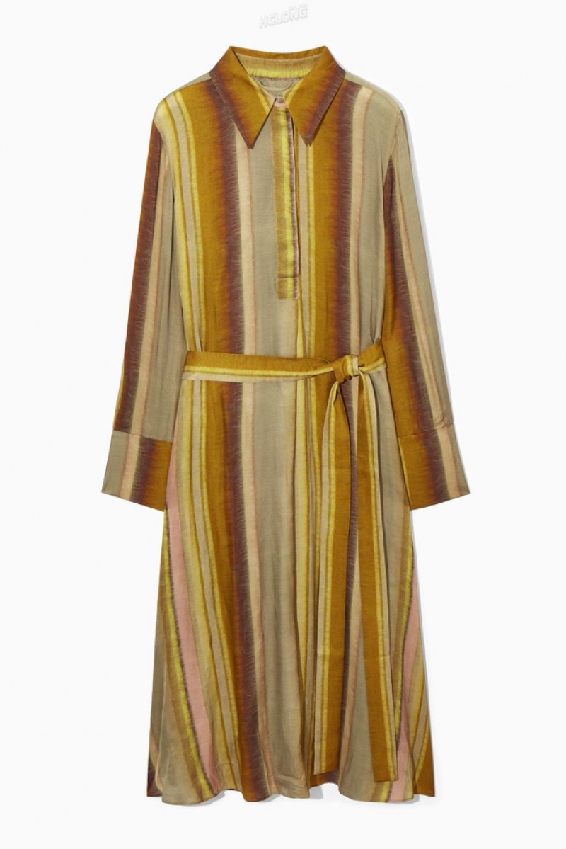 Brown / Orange / Striped COS Printed Midi Shirt Dress | PB05-Y1PP