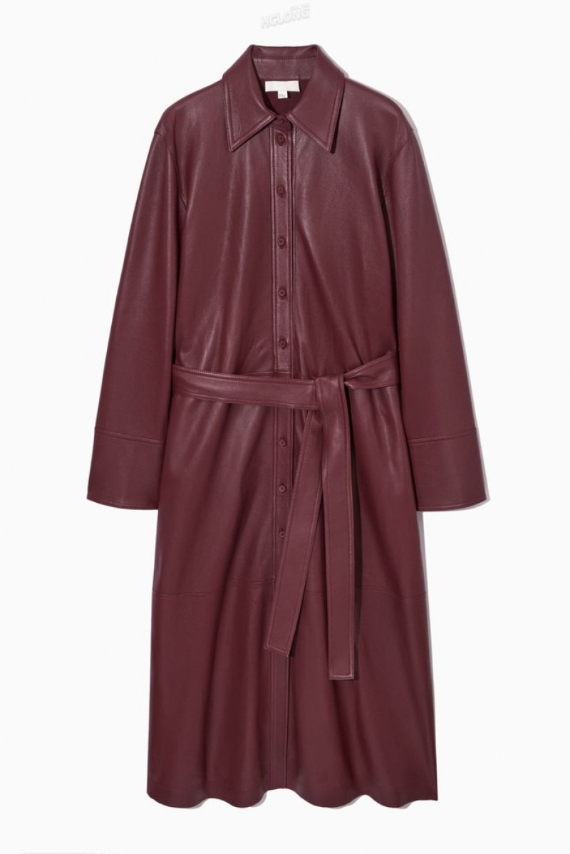 Burgundy COS Belted Leather Midi Shirt Dress | AC85-O0BV