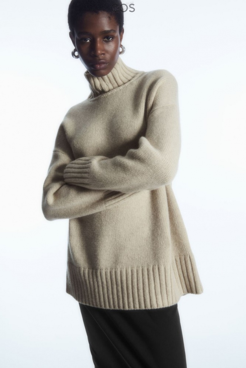 Cream COS Funnel-Neck Pure Cashmere Sweater | HF45-W6UK