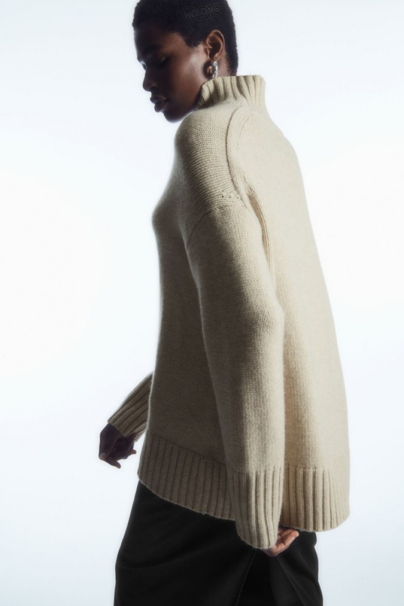 Cream COS Funnel-Neck Pure Cashmere Sweater | HF45-W6UK