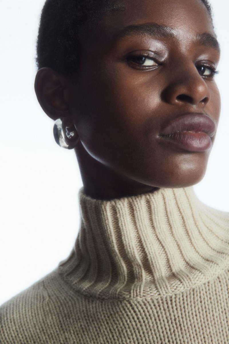 Cream COS Funnel-Neck Pure Cashmere Sweater | HF45-W6UK