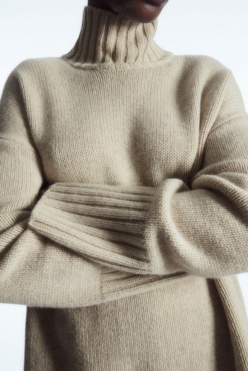 Cream COS Funnel-Neck Pure Cashmere Sweater | HF45-W6UK