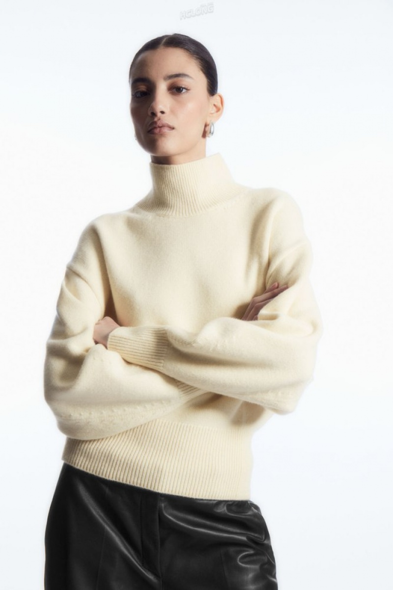 Cream COS Funnel-Neck Waisted Wool Sweater | HJ89-S1PI