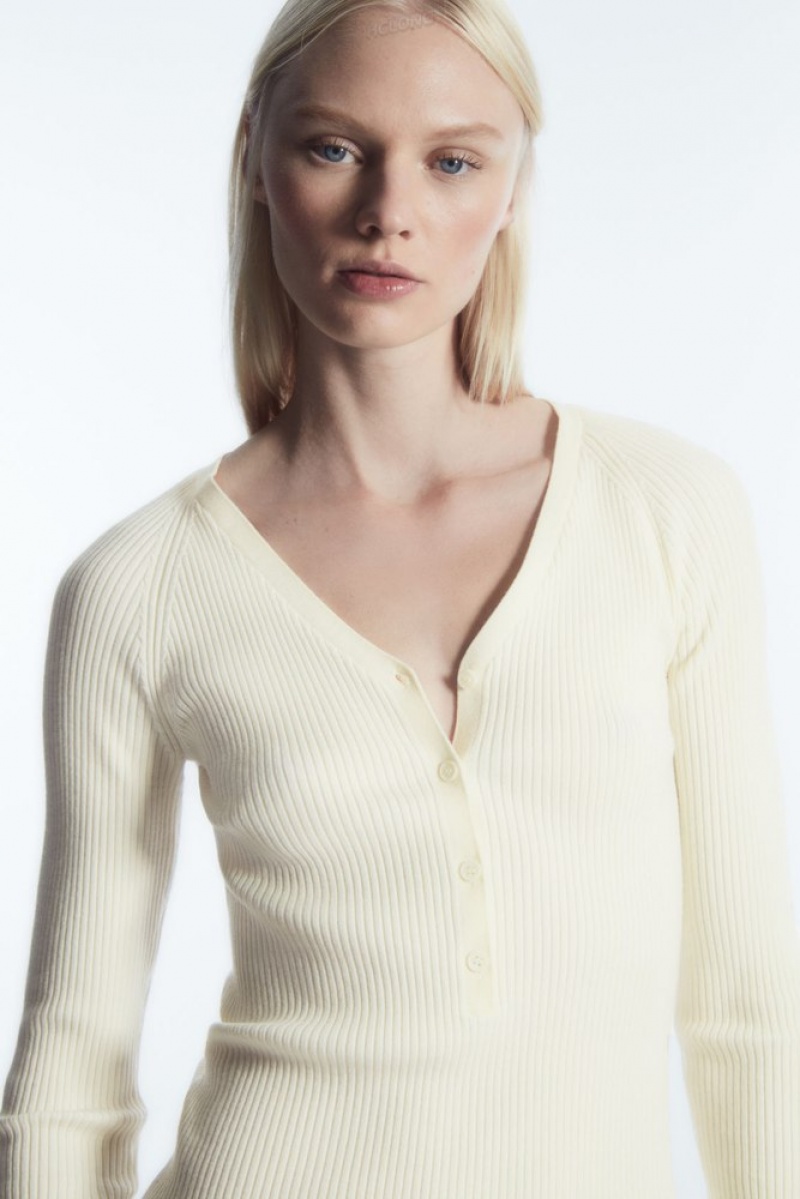 Cream COS V-Neck Ribbed Wool Henley Top | LO55-W1NB