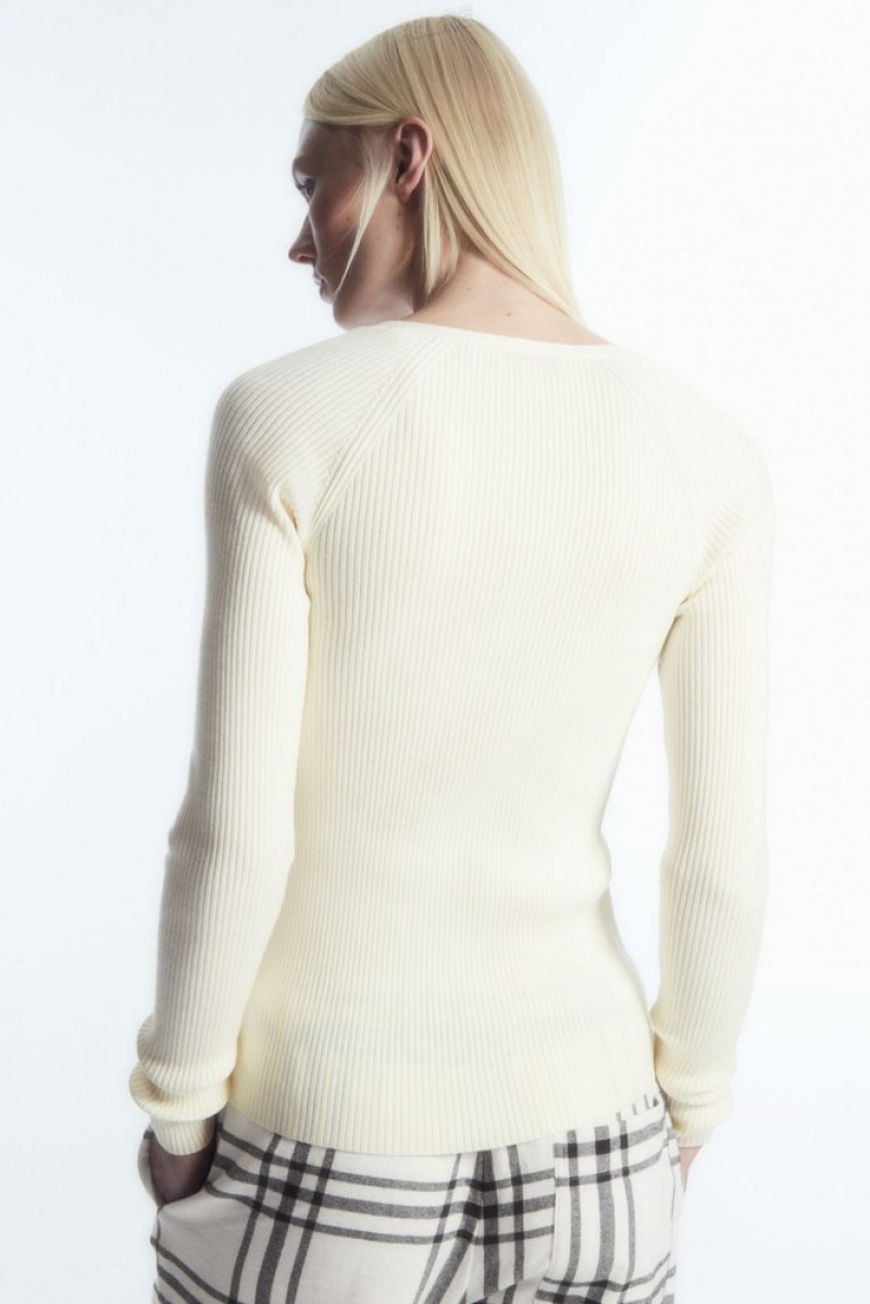 Cream COS V-Neck Ribbed Wool Henley Top | LO55-W1NB