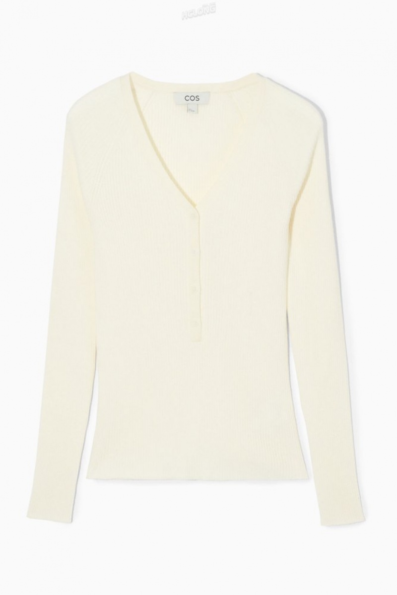 Cream COS V-Neck Ribbed Wool Henley Top | LO55-W1NB