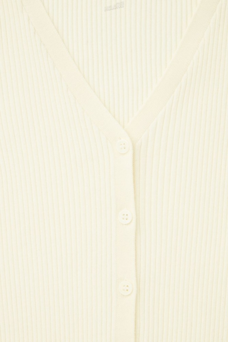 Cream COS V-Neck Ribbed Wool Henley Top | LO55-W1NB