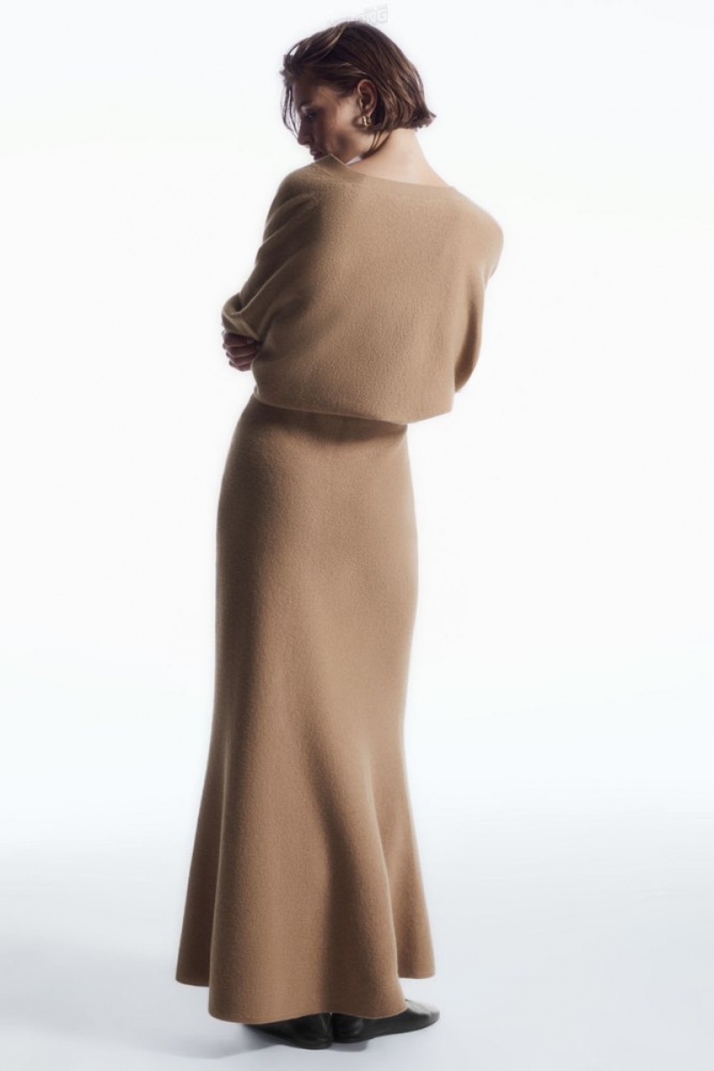 Dark Beige COS Flared Merino Wool Maxi Skirt | GD22-A4CA