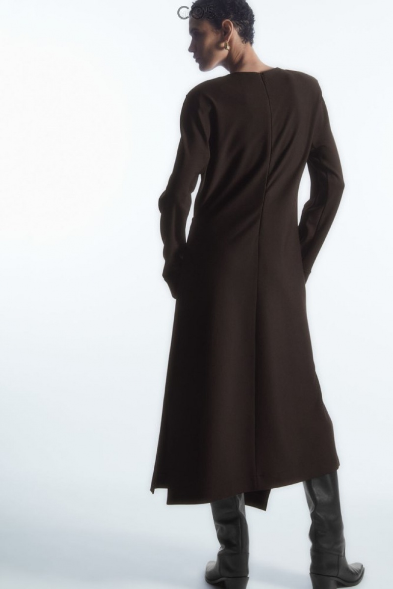 Dark Brown COS Power-Shoulder Midi Dress | VZ14-H9PO