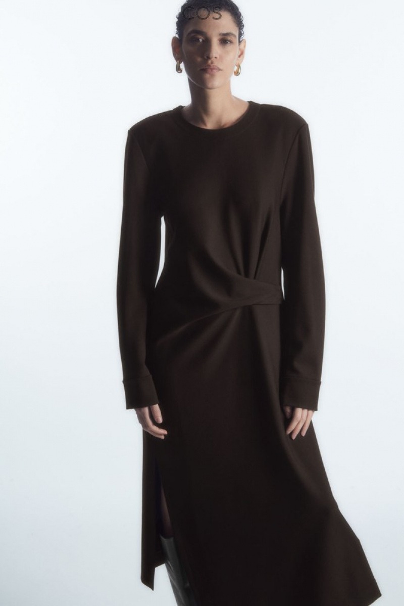 Dark Brown COS Power-Shoulder Midi Dress | VZ14-H9PO