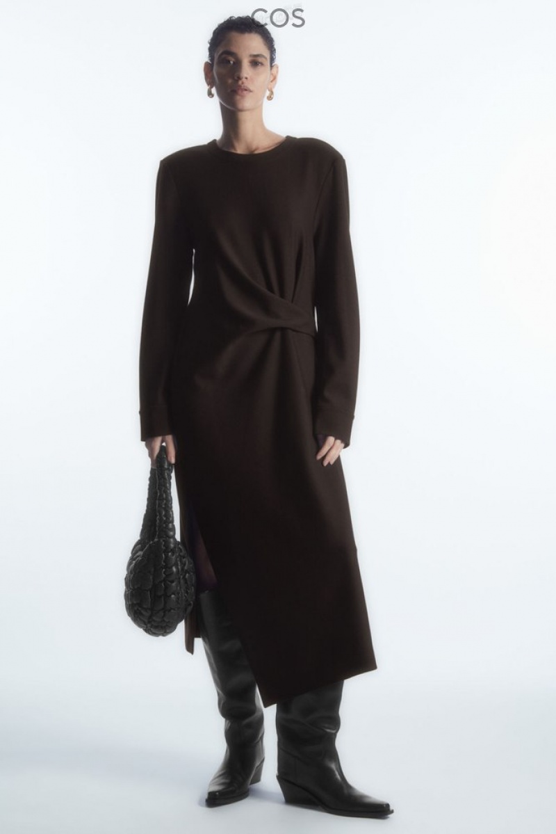 Dark Brown COS Power-Shoulder Midi Dress | VZ14-H9PO