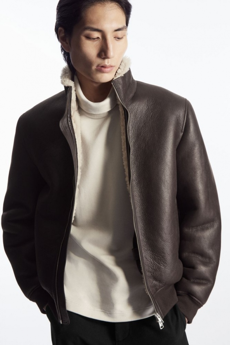 Dark Brown COS Shearling Bomber Jacket | SQ49-R9CU