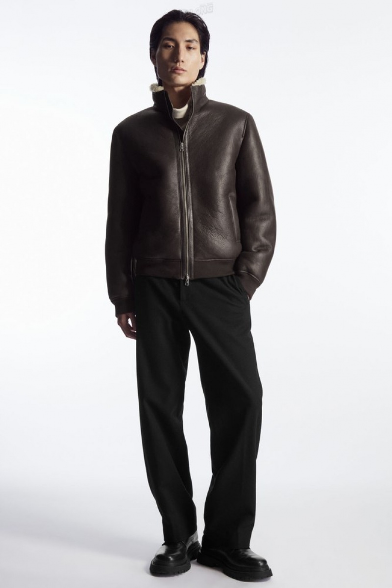 Dark Brown COS Shearling Bomber Jacket | SQ49-R9CU