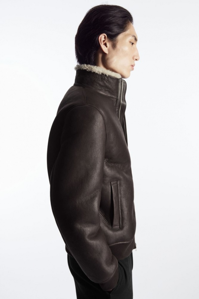 Dark Brown COS Shearling Bomber Jacket | SQ49-R9CU