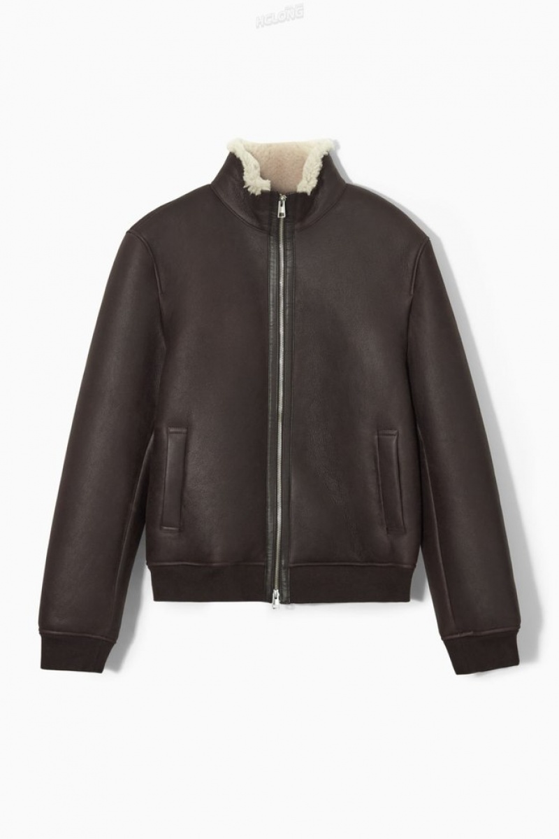 Dark Brown COS Shearling Bomber Jacket | SQ49-R9CU