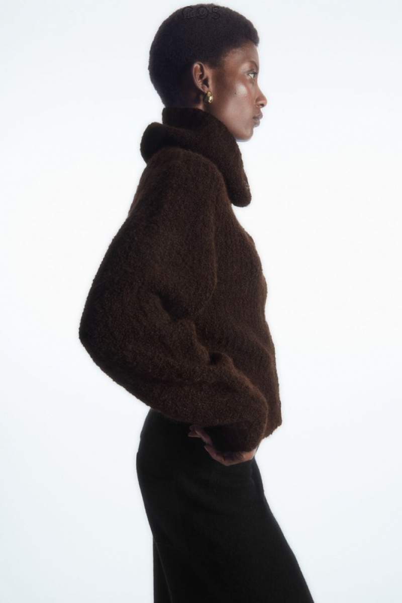 Dark Brown COS Spread-Collar Textured Alpaca Cardigan | JJ10-B3BE