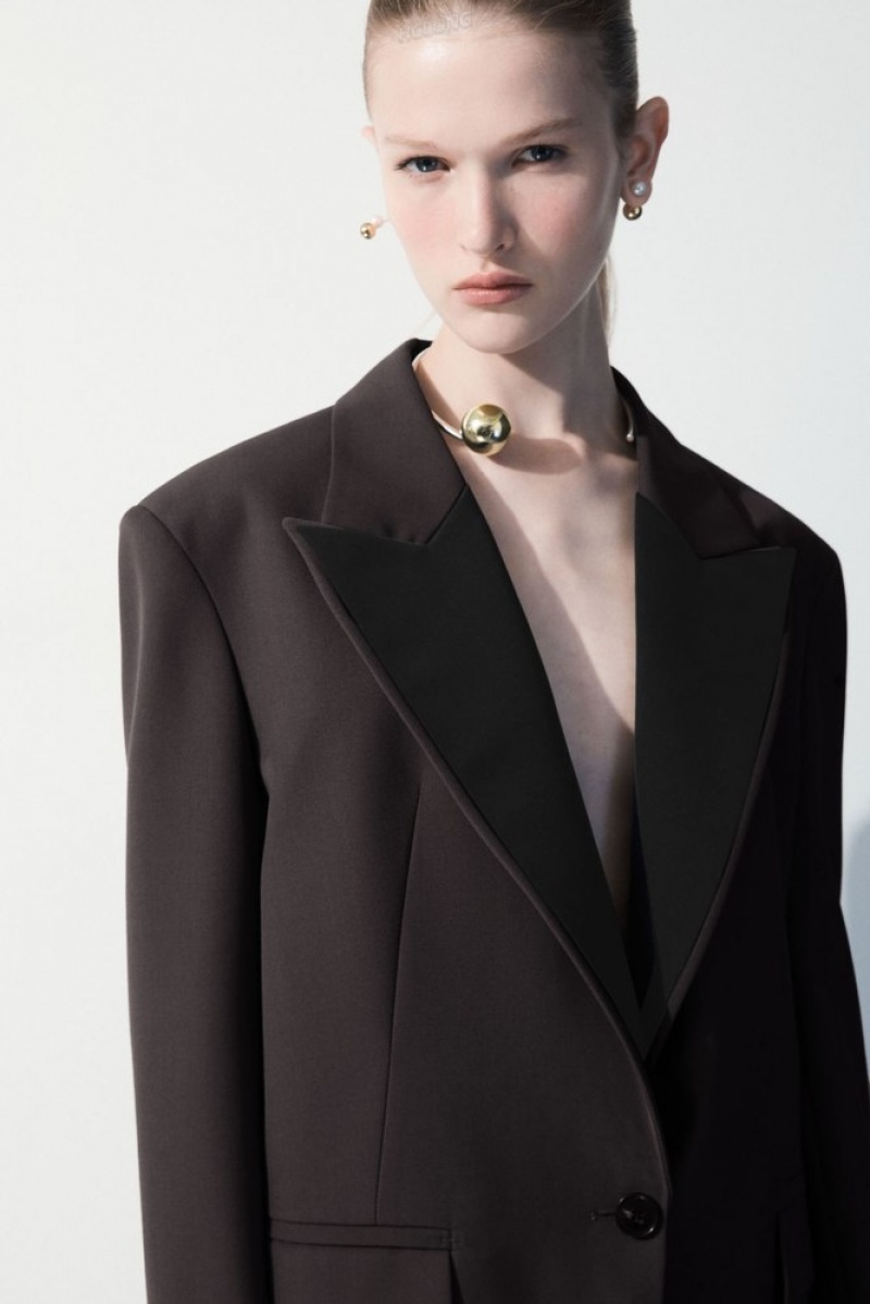 Dark Brown COS The Satin-Lapel Tuxedo Jacket | RQ21-S3FD