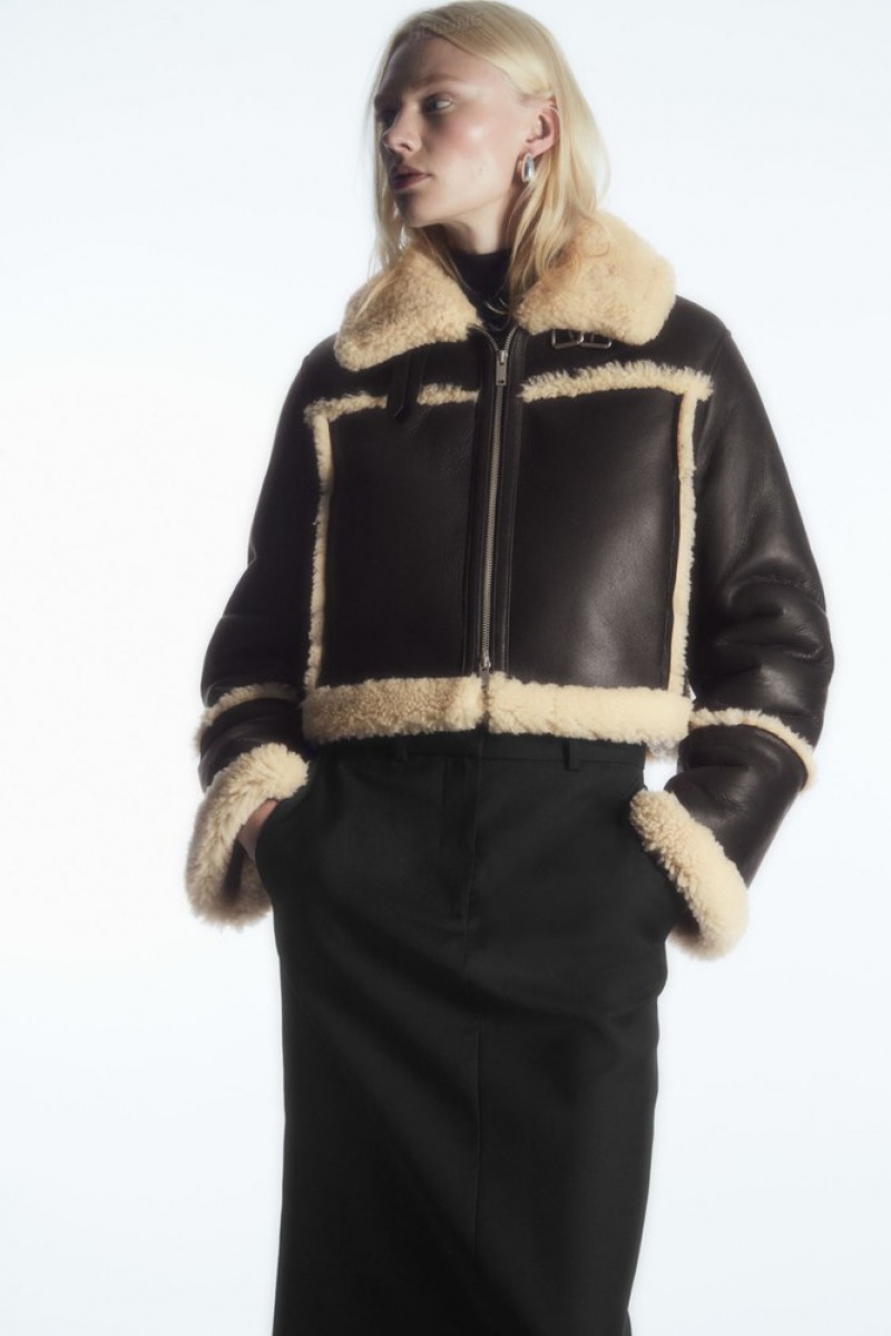 Dark Brown / Cream COS Cropped Shearling Jacket | GA62-C0ZV