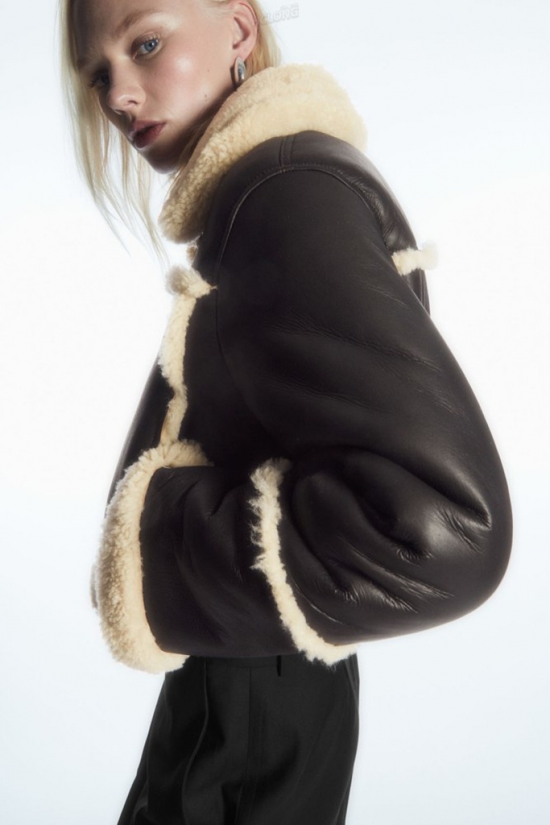 Dark Brown / Cream COS Cropped Shearling Jacket | GA62-C0ZV